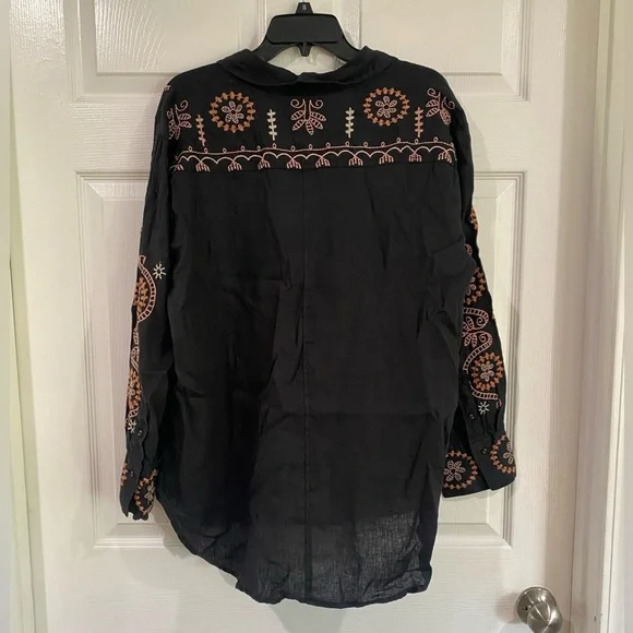 Johnny Was Faye Relaxed Linen Button Down Embroidered Shirt Lagenlook Size L - Picture 9 of 15